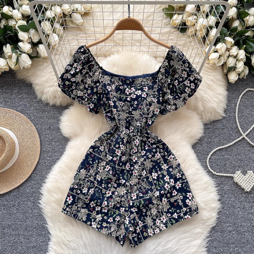 Women Floral Romper Off Shoulder Ruffle Sleeve Shorts Jumpsuit Cute Elegant Fit Body Summer Outfit 2025 Trendy Clothing