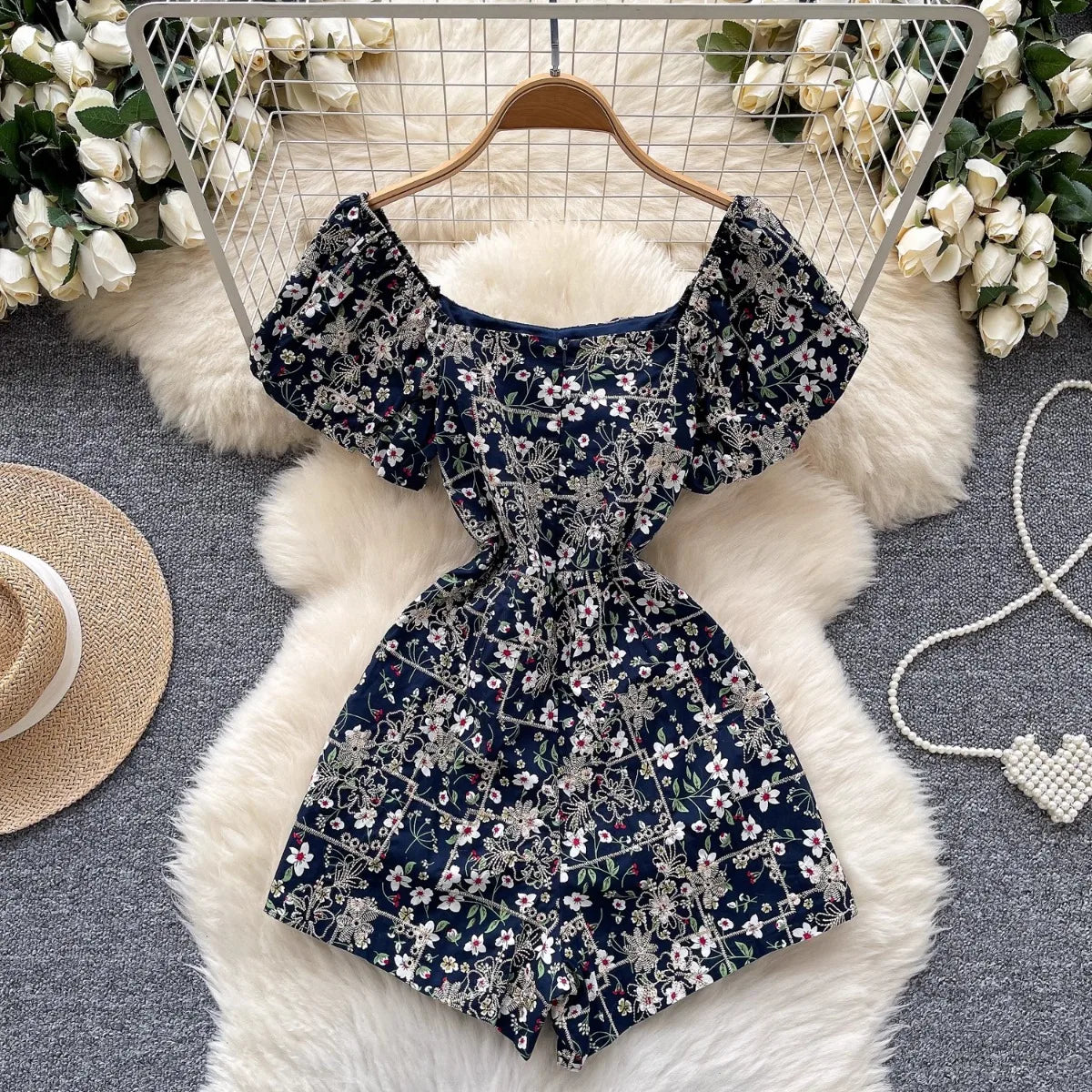 Women Floral Romper Off Shoulder Ruffle Sleeve Shorts Jumpsuit Cute Elegant Fit Body Summer Outfit 2025 Trendy Clothing