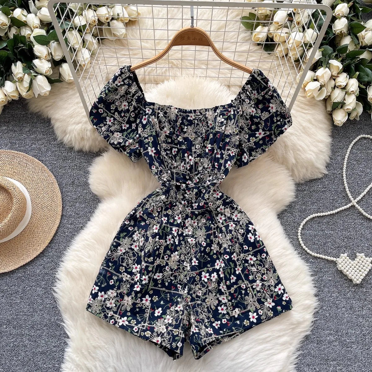 Women Floral Romper Off Shoulder Ruffle Sleeve Shorts Jumpsuit Cute Elegant Fit Body Summer Outfit 2025 Trendy Clothing