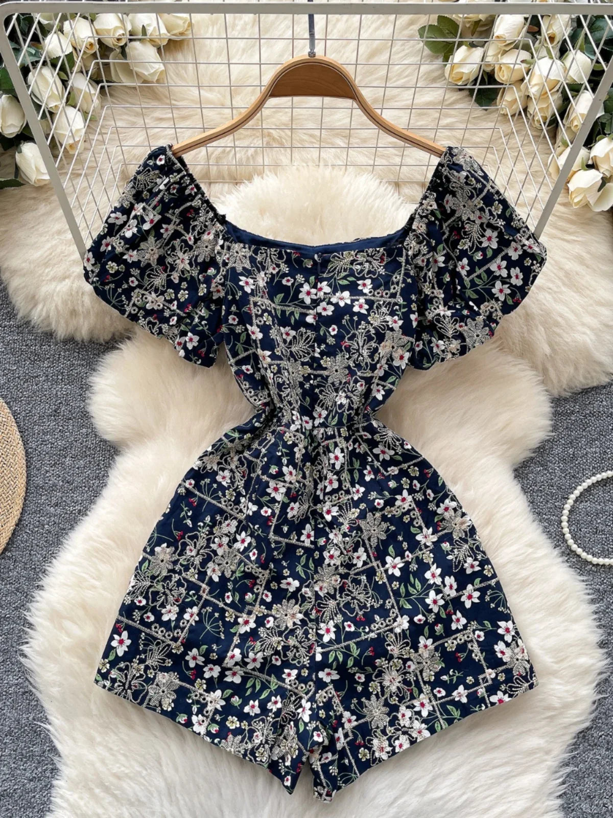Women Floral Romper Off Shoulder Ruffle Sleeve Shorts Jumpsuit Cute Elegant Fit Body Summer Outfit 2025 Trendy Clothing